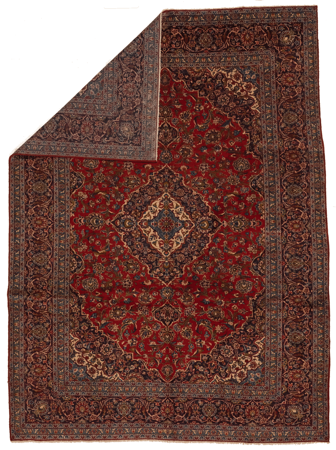 Tapis Kashan Iran 370x274 cm – Médaillon Rouge Artisanal en Laine Naturelle Nouée Main