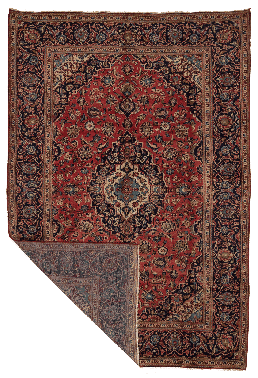 Tapis Kashan Persan 358x244 cm – Médaillon Rouge en Laine| Pièce Nouée Main