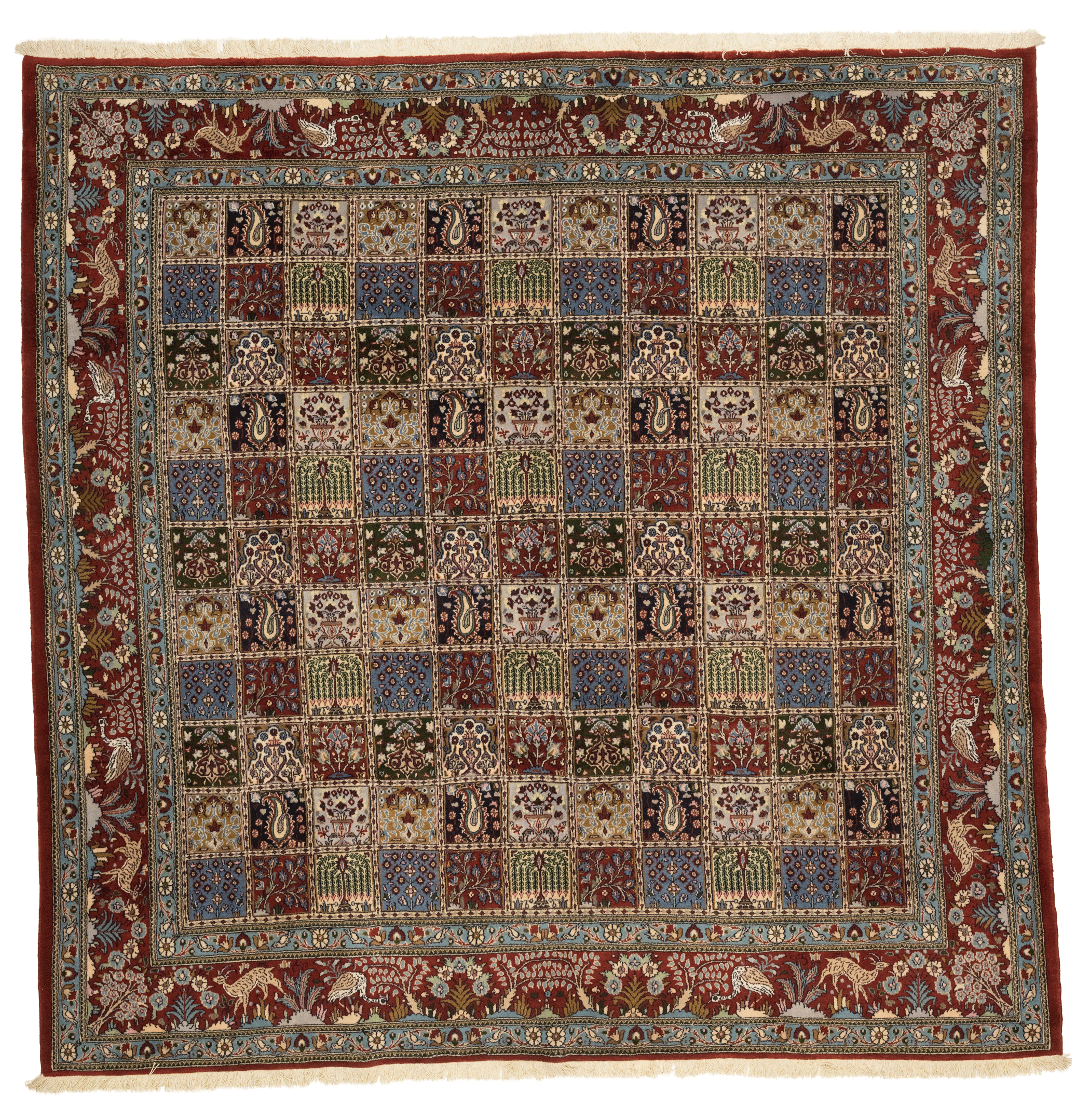 Tapis Moud persan carré 250x250 cm motif quatre saisons noué main laine Iran