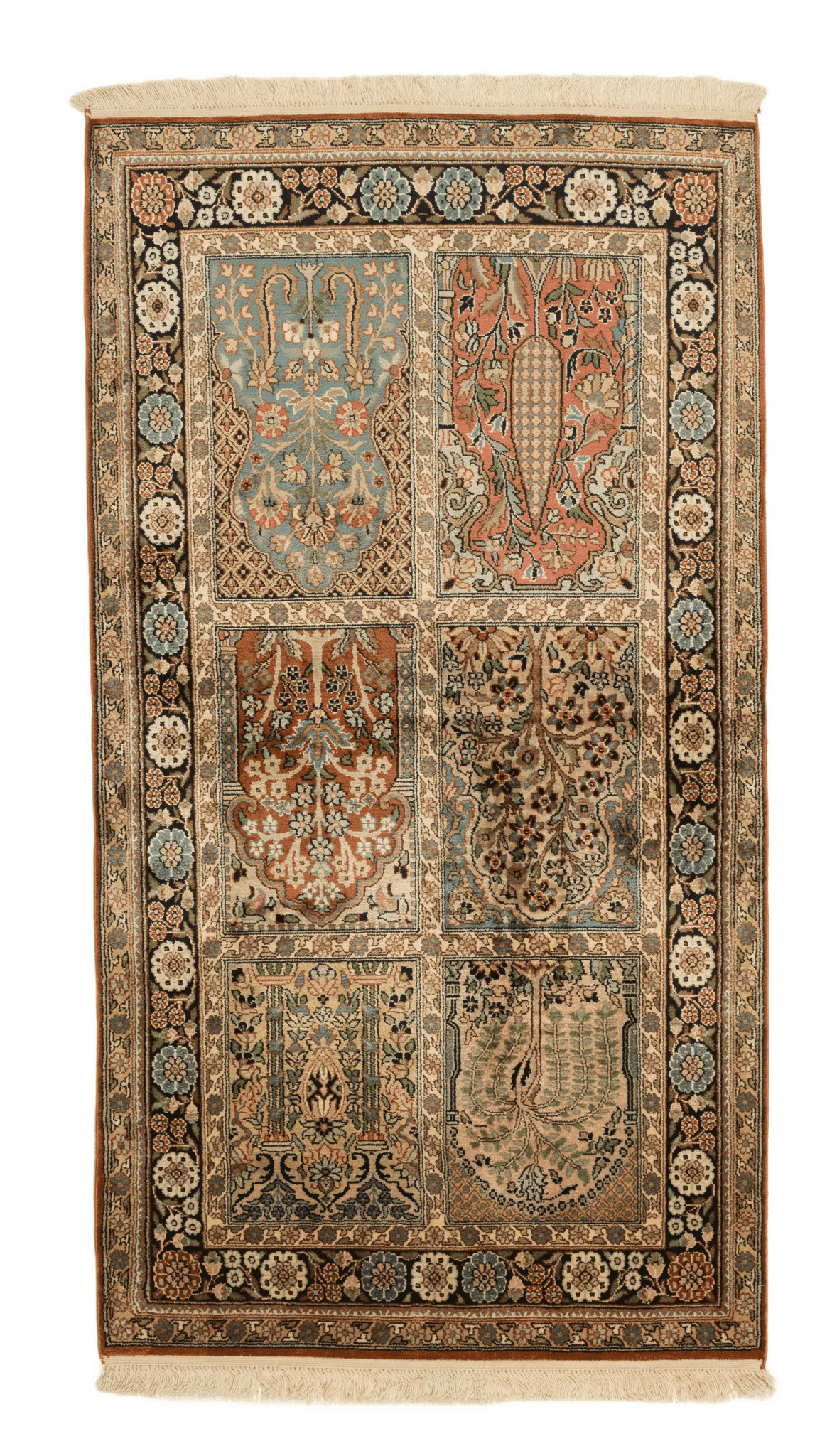 Tapis en soie Cachemire fait main 145x79 cm, artisanat traditionnel et finitions précieuses. Baba Rug, Paris 12
