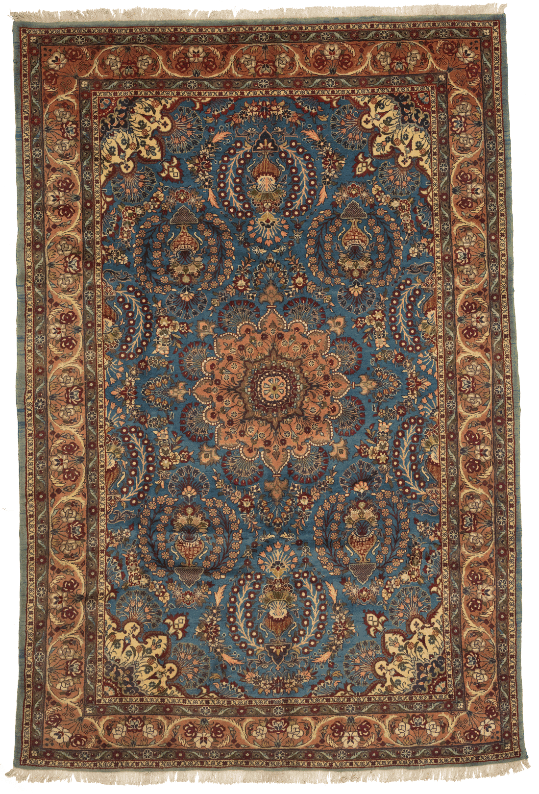 Tapis Nahavand Iran bleu avec médaillon central 310x210cm fait main avec motifs persans traditionnels
