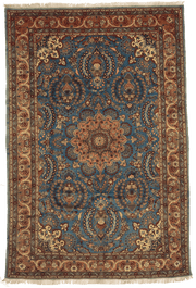 Tapis Nahavand Iran bleu avec médaillon central 310x210cm fait main avec motifs persans traditionnels
