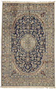 Grand tapis Naïn persan bleu médaillon central 310x200 cm noué main laine Iran