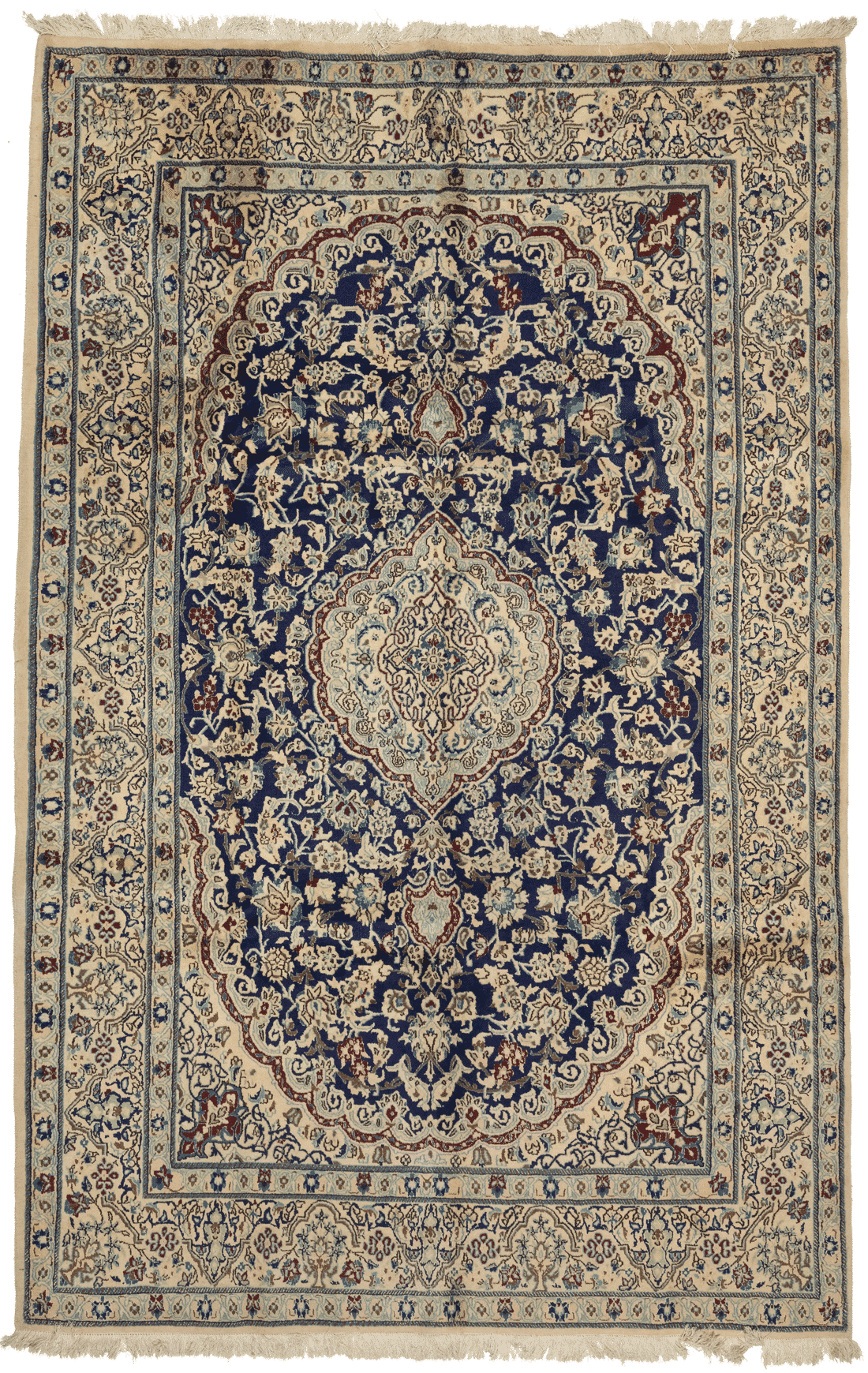 Grand tapis Naïn persan bleu médaillon central 310x200 cm noué main laine Iran