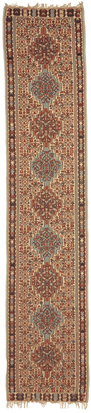 Tapis Kilim Senneh Iran de couloir avec médaillon 390x80cm fait main avec motifs persans traditionnels