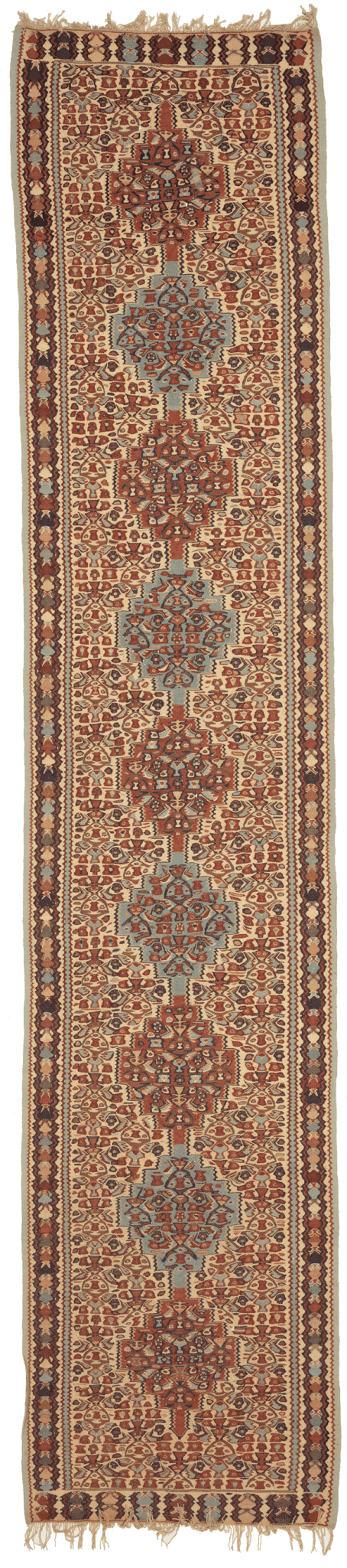 Tapis Kilim Senneh Iran de couloir avec médaillon 390x80cm fait main avec motifs persans traditionnels