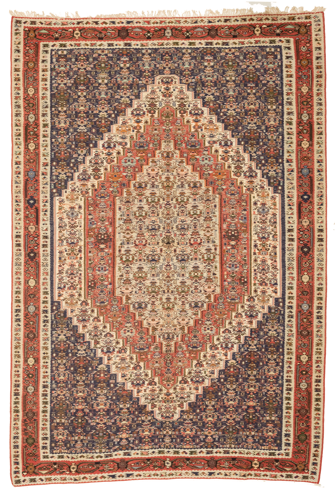 Tapis Kilim Senneh Iran avec médaillon 298x200cm fait main avec motifs persans traditionnels