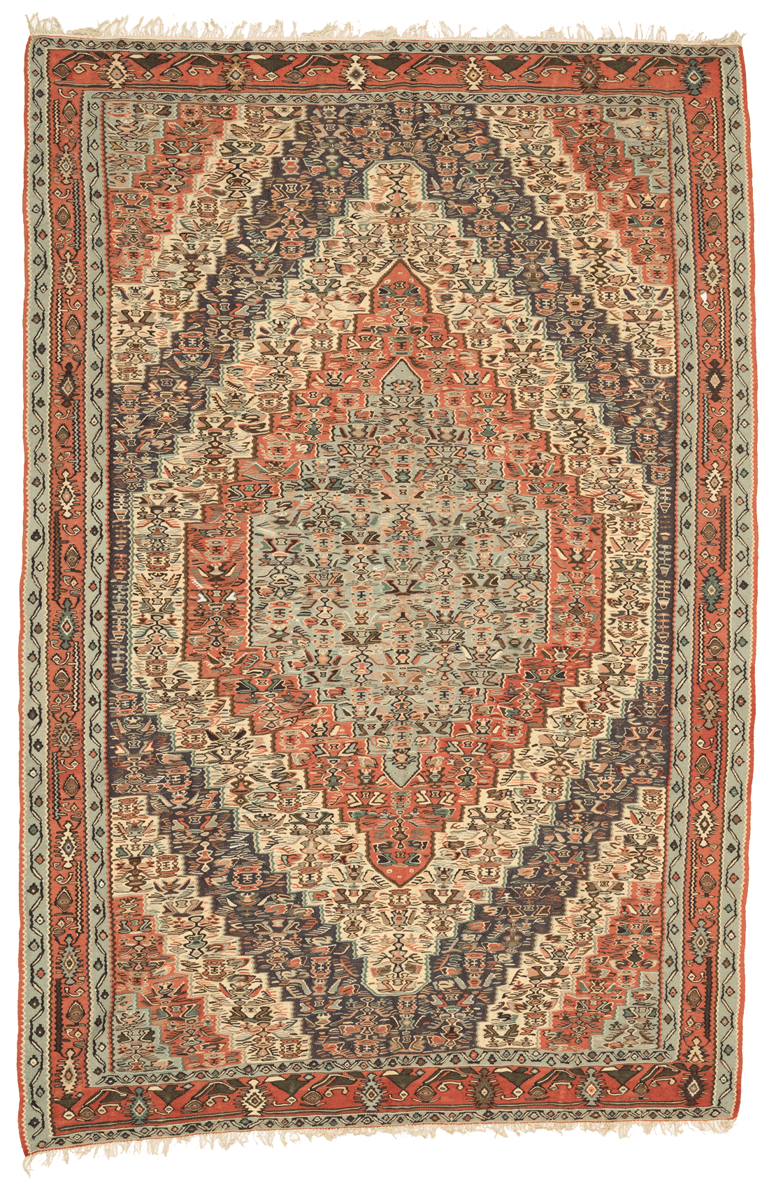 Tapis Kilim Senneh Iran avec médaillon 298x198cm fait main avec motifs persans traditionnels