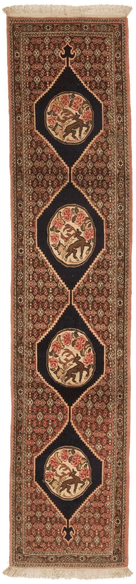 Tapis runner Senneh persan Iran 240x52 cm fait main laine couloir motifs traditionnels