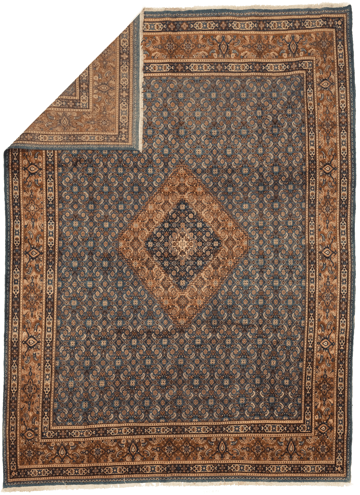 Détail motifs floraux tapis Moud persan bleu fait main laine nouée finesse artisanat iranien
