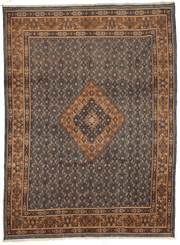 Très grand tapis Moud persan bleu 430x320 cm noué main laine format exceptionnel Iran