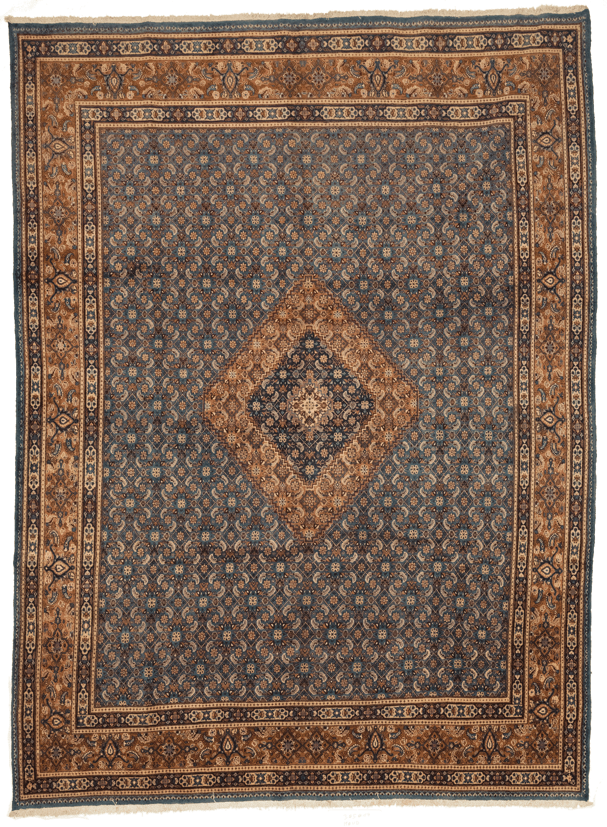 Très grand tapis Moud persan bleu 430x320 cm noué main laine format exceptionnel Iran