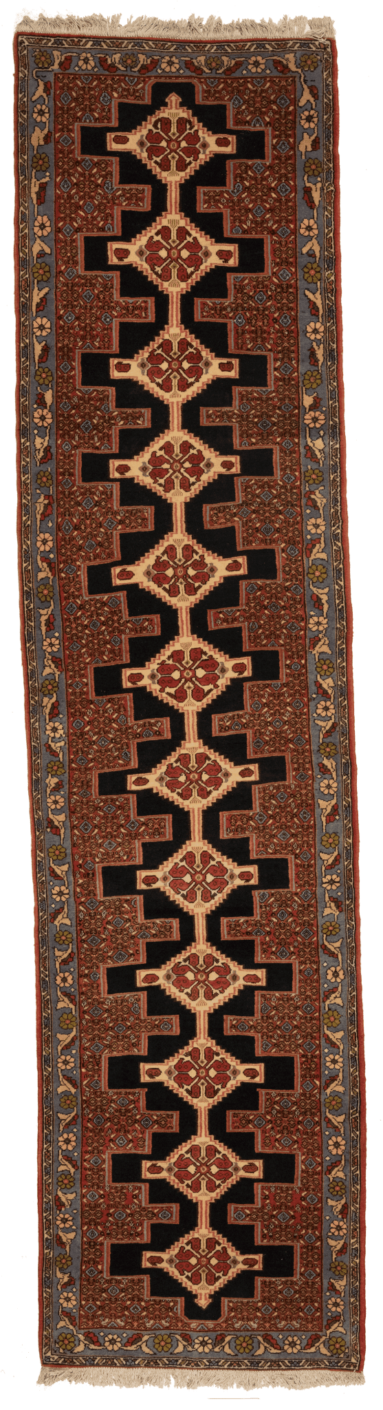 Tapis Senneh Iran de couloir avec médaillon 323x78cm fait main avec motifs persans traditionnels