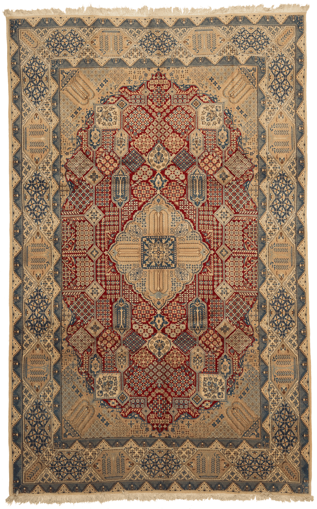 Grand tapis Naïn persan fond rouge 330x210 cm noué main laine motifs traditionnels Iran