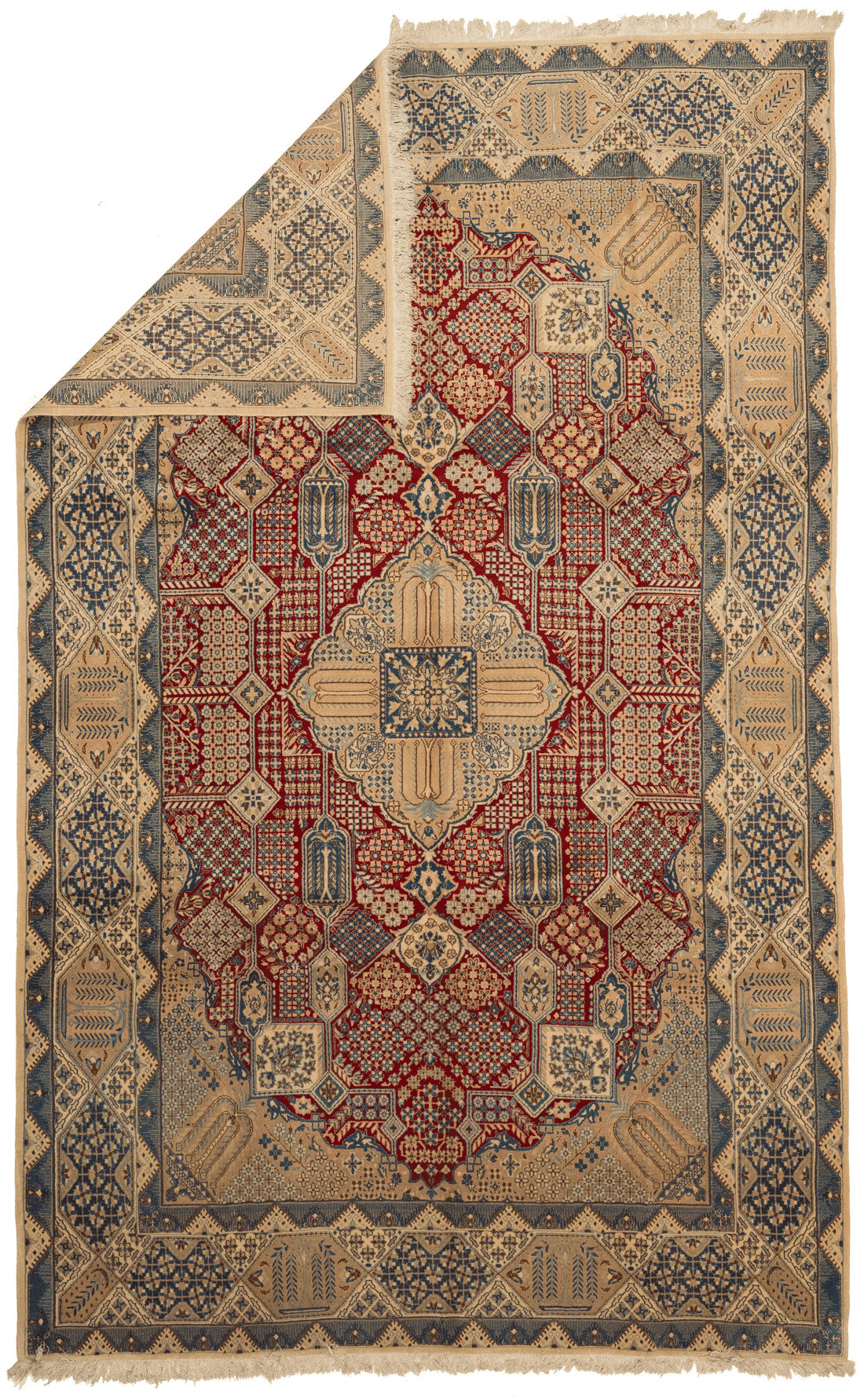 Détail motifs floraux tapis Naïn persan rouge fait main laine nouée certificat origine