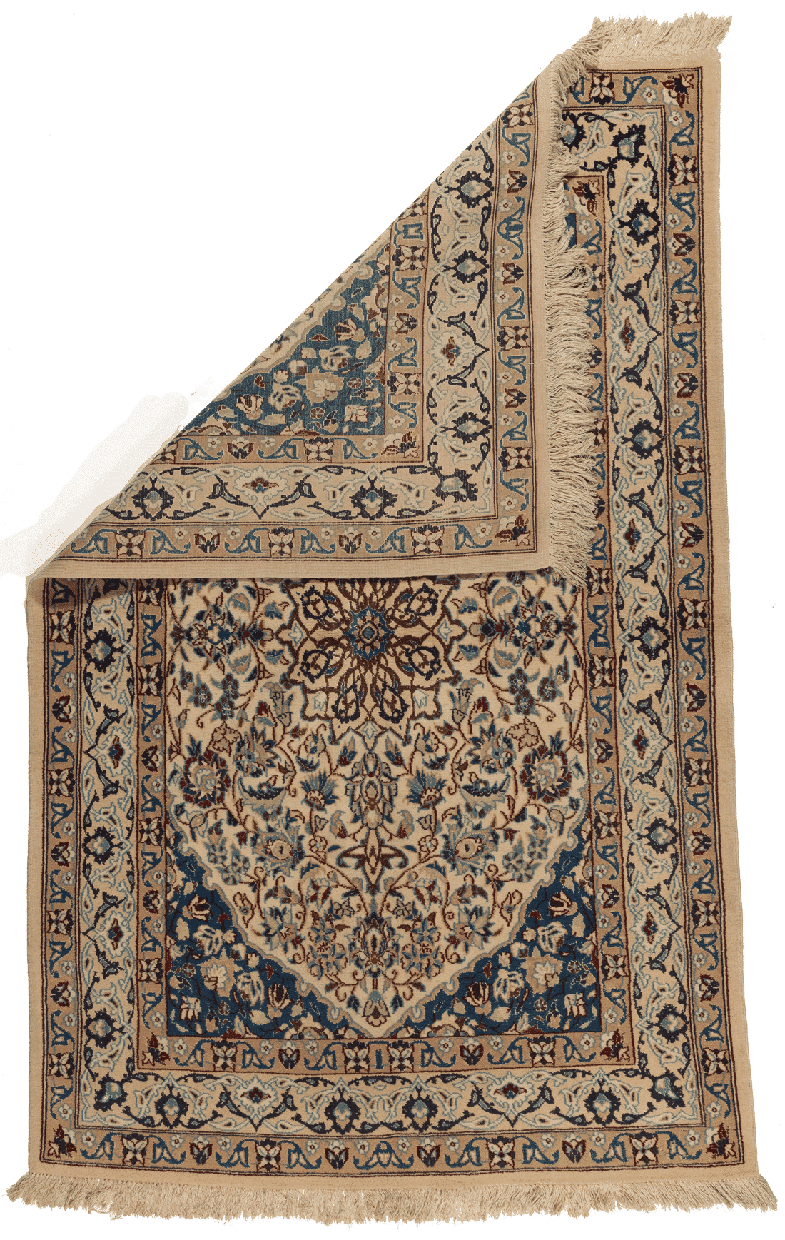 Détail motifs floraux tapis Naïn persan fait main laine nouée artisanat iranien
