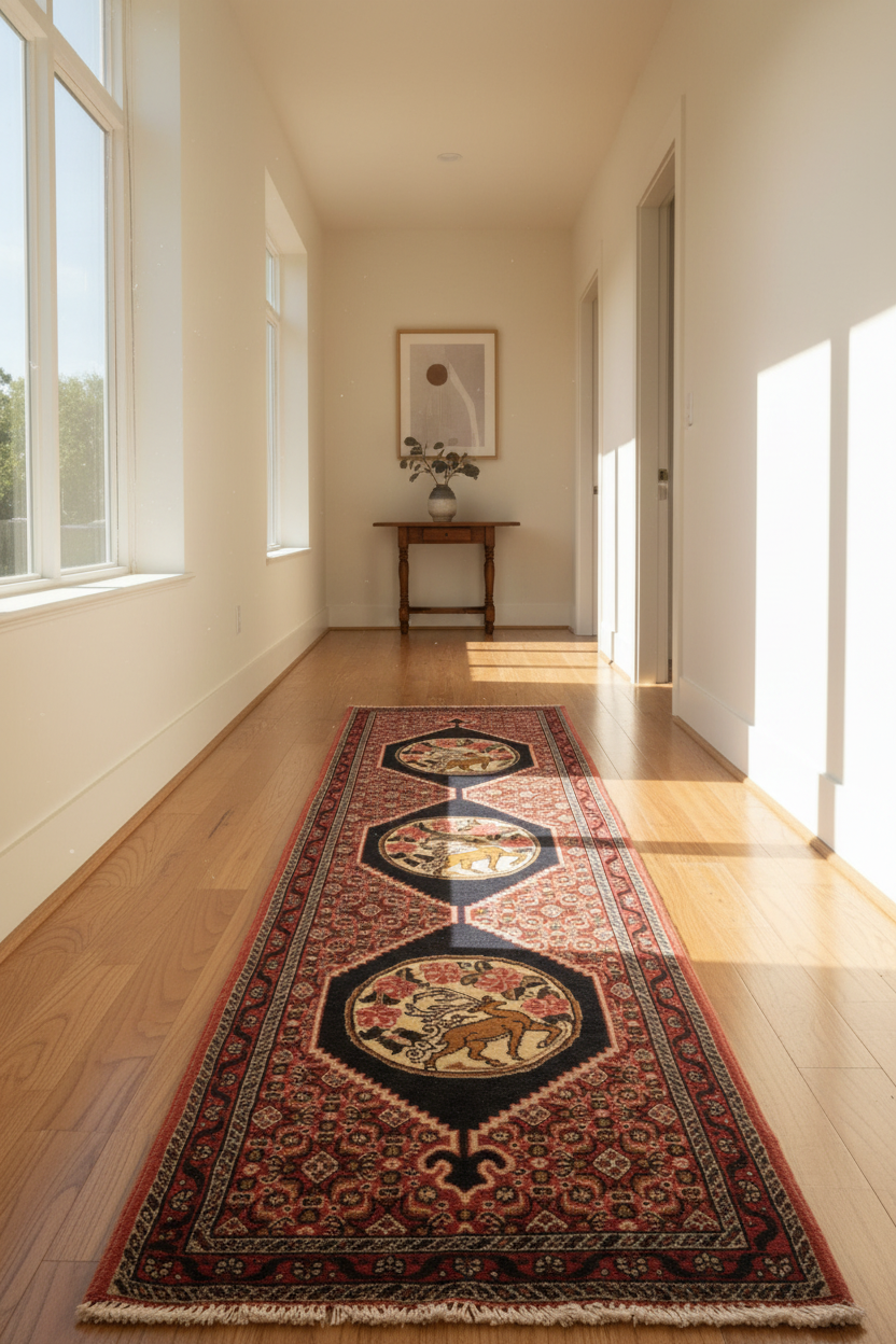 Tapis Senneh Iran de couloir avec médaillon 250x50cm fait main avec motifs persans traditionnels