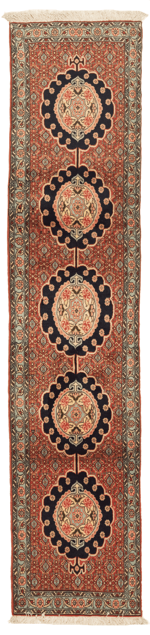 Tapis Senneh Iran de couloir avec médaillon 250x52cm fait main avec motifs persans traditionnels
