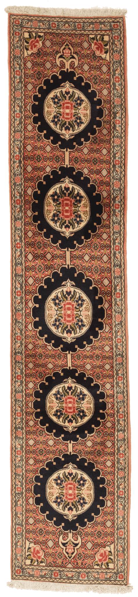 Tapis Senneh Iran de couloir avec médaillon 250x60cm fait main avec motifs persans traditionnels