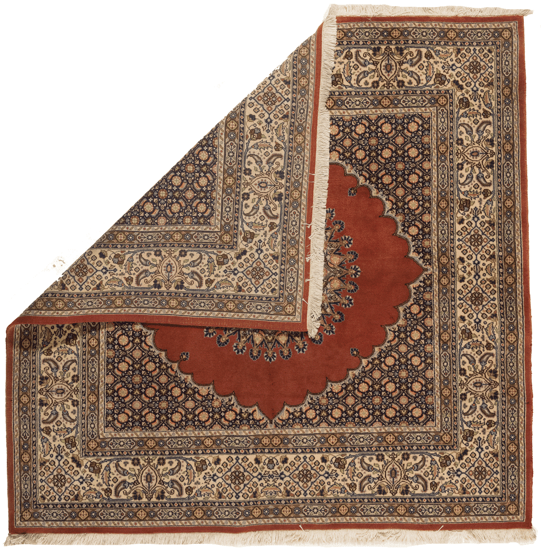 Tapis Moud persan en laine fait main carré de 150x150cm fond rouge et motif centrale médaillon.Baba Rug