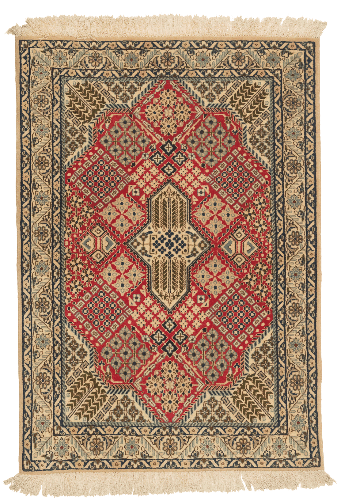 Tapis persan Naïn fond rouge en laine fine, format 123x85 cm, fait main, boutique Baba Rug à Paris 12