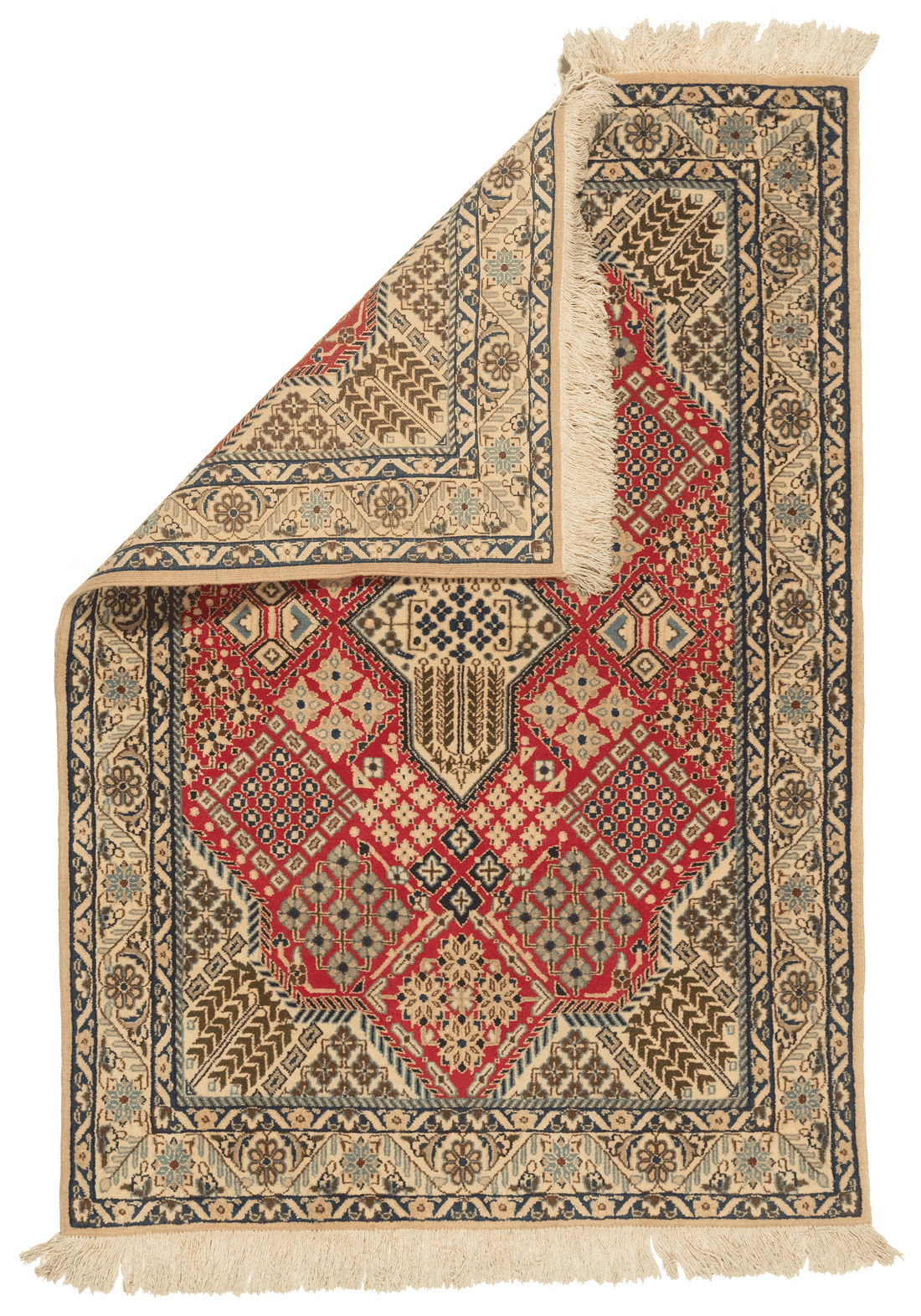 Détail motifs floraux tapis Naïn persan rouge fait main laine nouée certificat origine