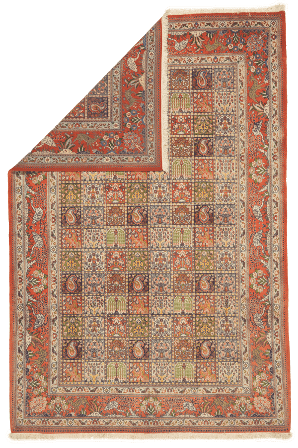 Détail motifs floraux tapis Moud persan fait main laine nouée certificat origine Iran