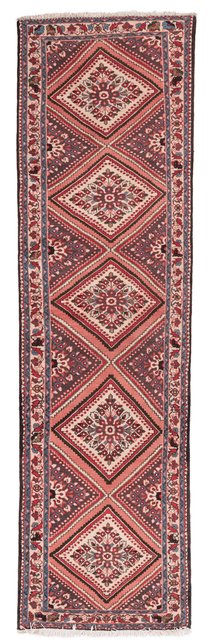 Tapis de couloir Garadgeh persan fait main en laine – vue de face, 300 × 90 cm – Baba Rug, Paris

