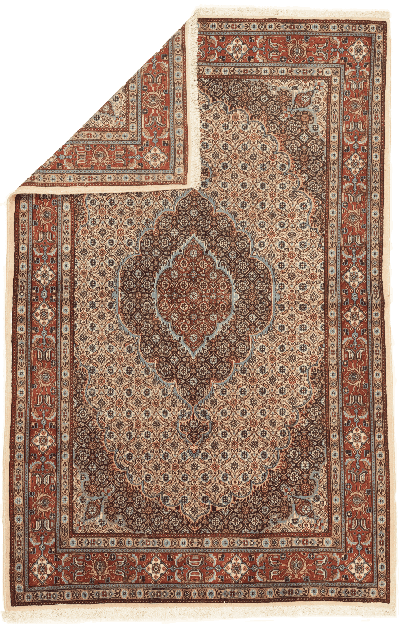 Détail médaillon central tapis Moud persan motifs floraux fait main laine nouée artisanat iranien