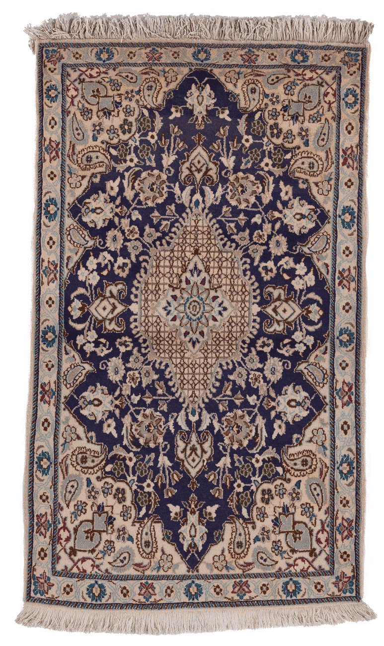 Tapis Nain persan bleu 150x90 cm noué main en laine avec motifs traditionnels iraniens