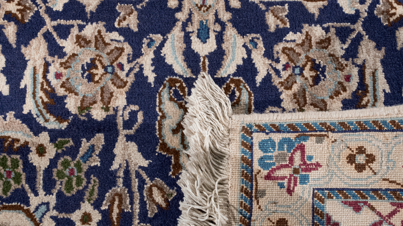 Tapis persan Nain bleu 150x90 cm artisanat authentique laine nouée main Baba Rug Paris