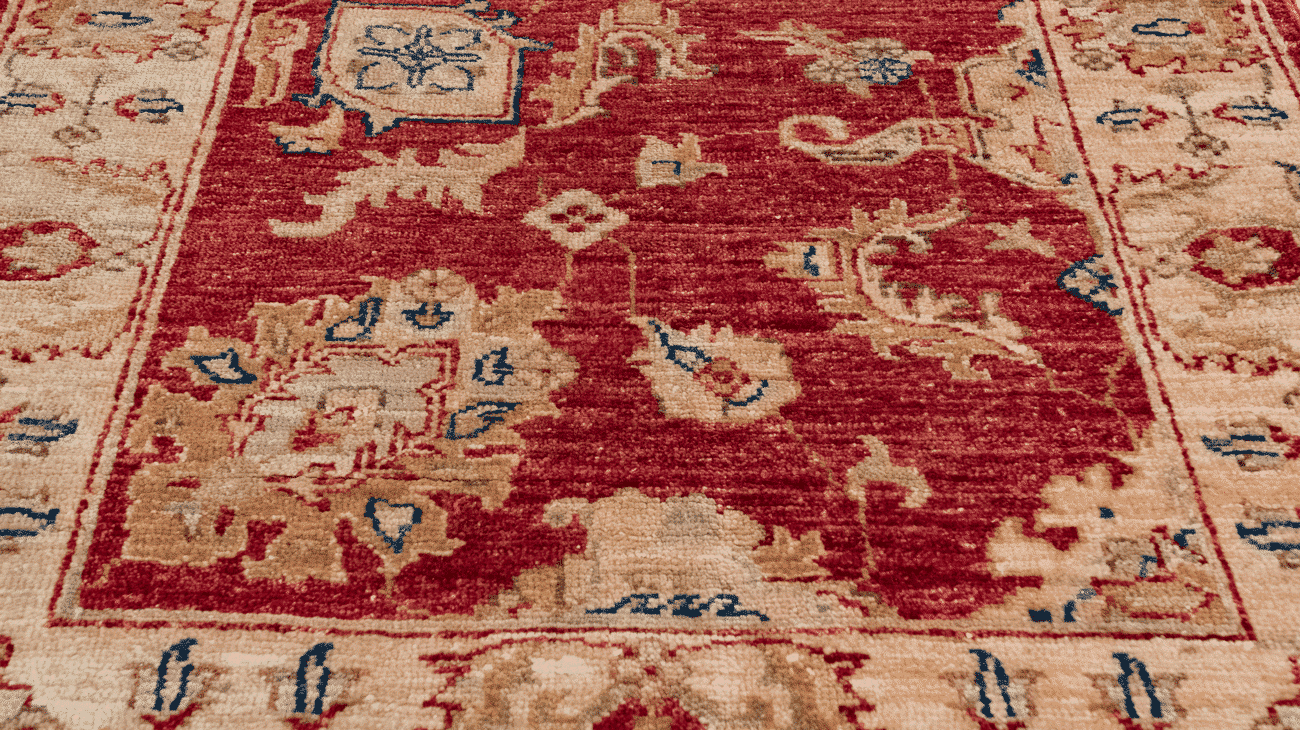 Vue rapprochée tapis Ziegler couloir 304x82 tissage main afghan Baba Rug