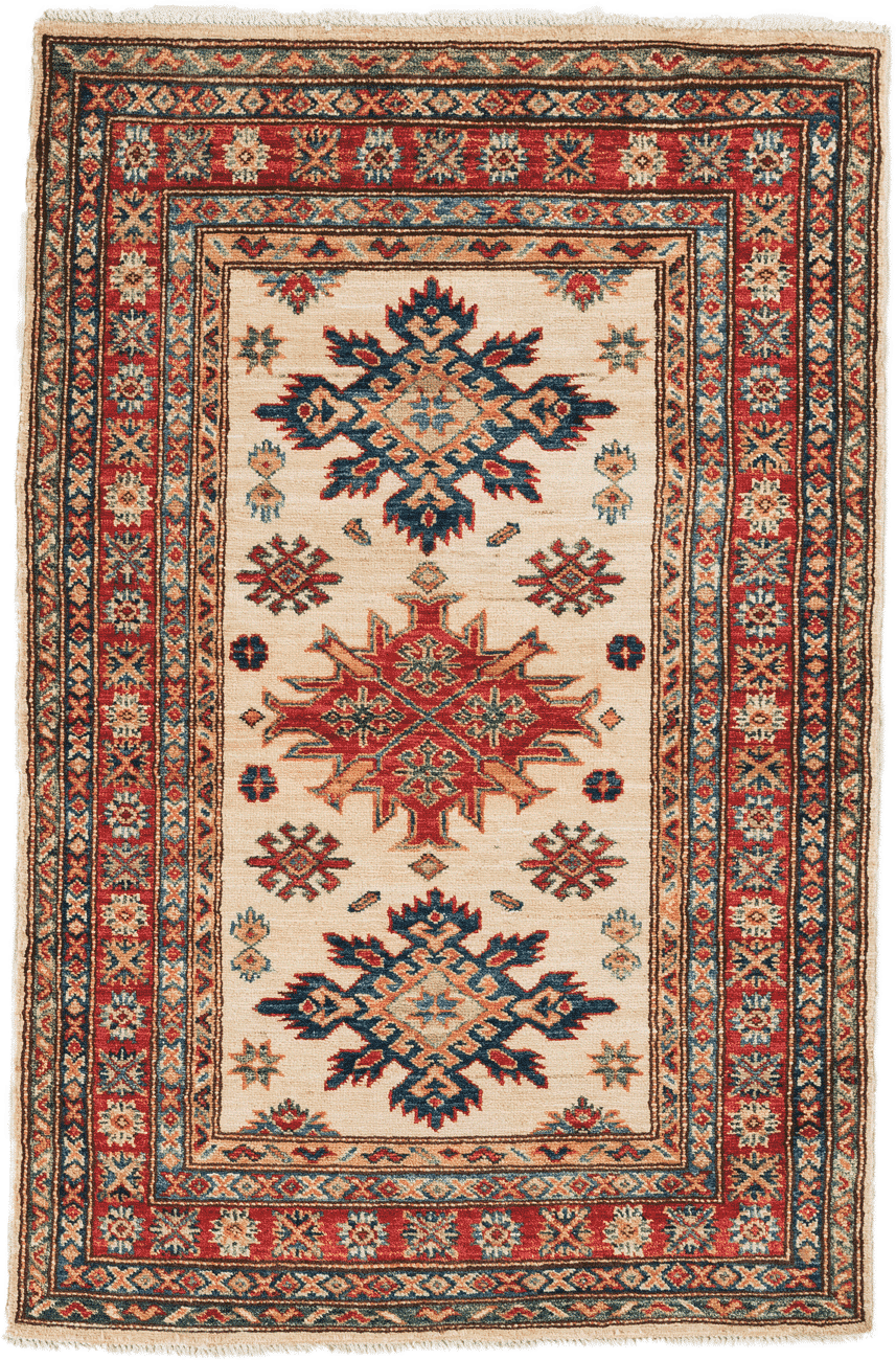 Tapis Pakistani Kazak fait main en laine – vue de face, 130 × 86 cm – Baba Rug, Paris
