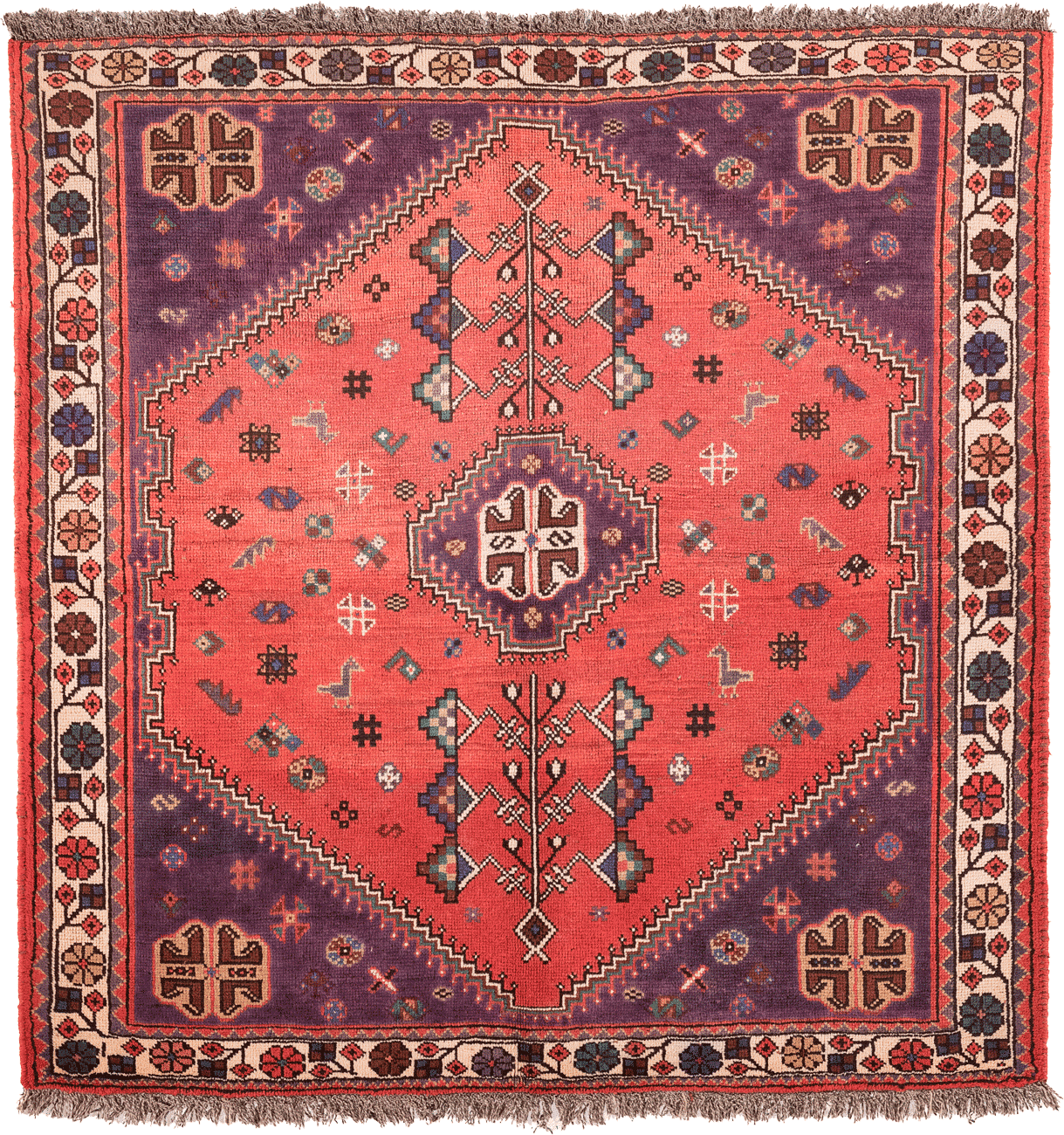 Tapis Qashqai persan fait main en laine – vue de face, 205 × 195 cm – Baba Rug, Paris
