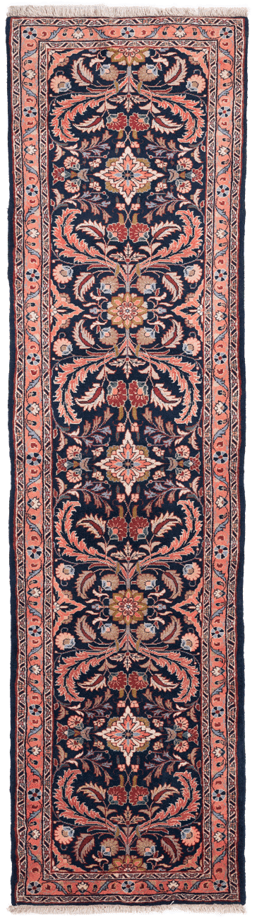 Tapis de couloir Roudbar persan fait main en laine – vue de face, 300 × 80 cm – Baba Rug, Paris
