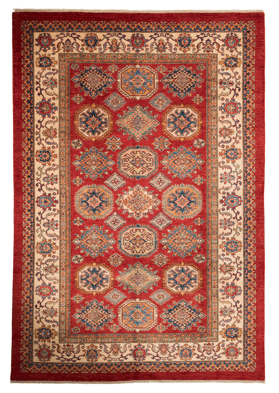 Tapis Kazak 290x201 cm fait main en laine, motifs géométriques orientaux rouge et beige.
