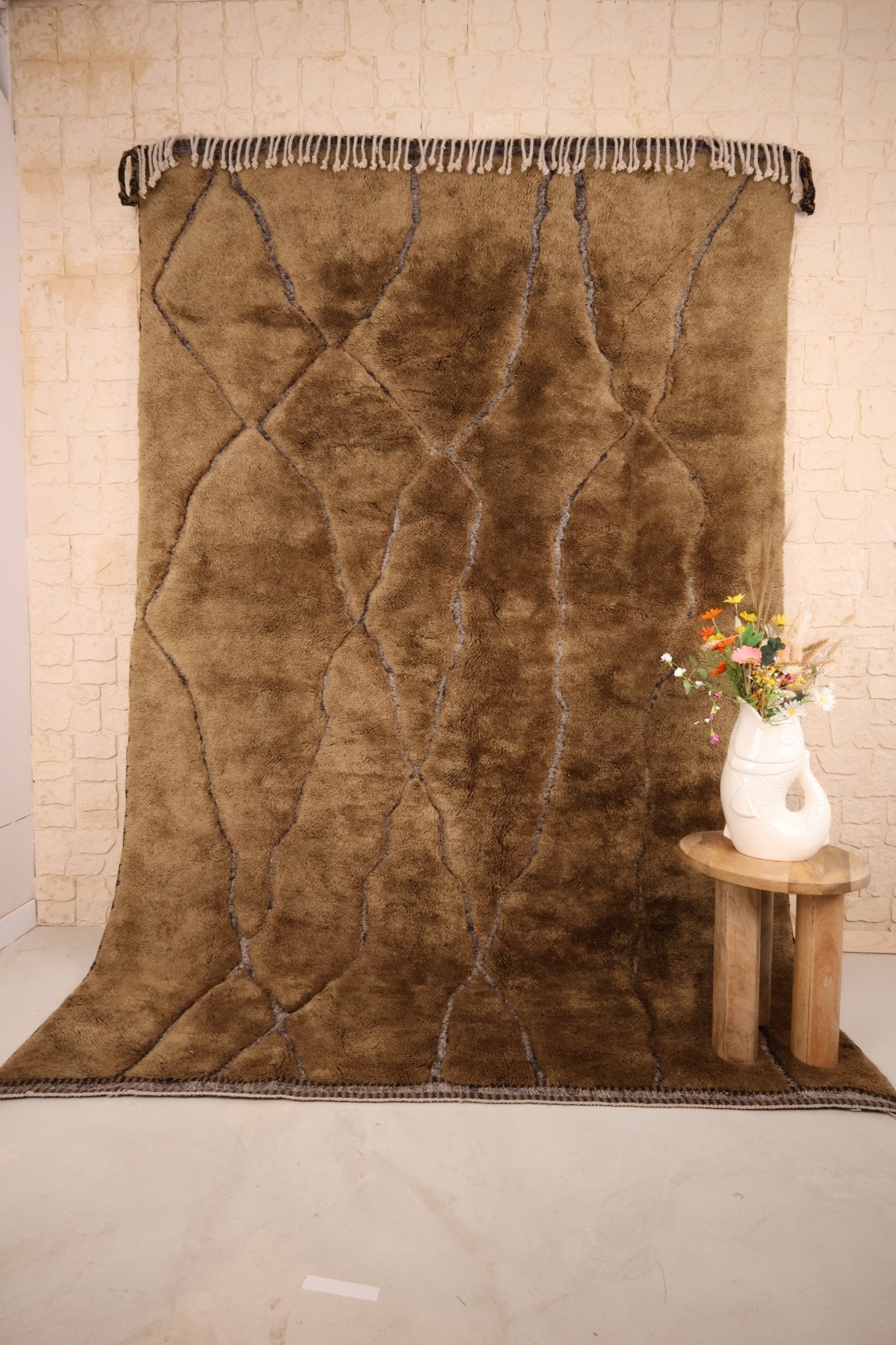 Tapis M'Rirt kaki Laine Dense Nouée Main 315x215cm - Baba Rug