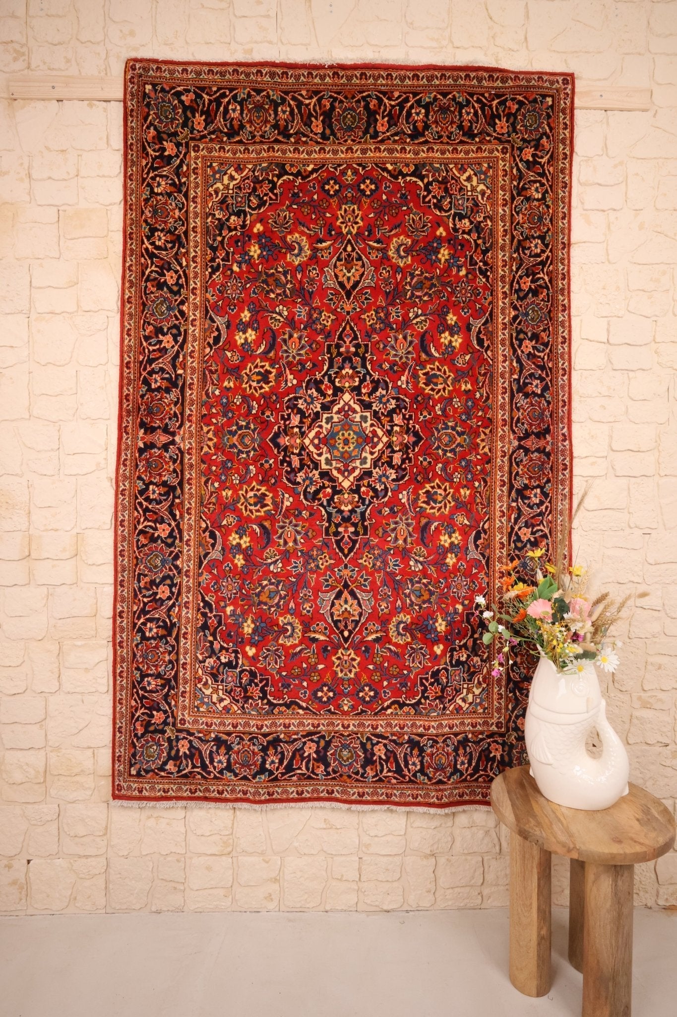 Tapis d'Orient Kashan 228x143 cm fait main en laine - Motifs floraux persans authentiques Baba Rug