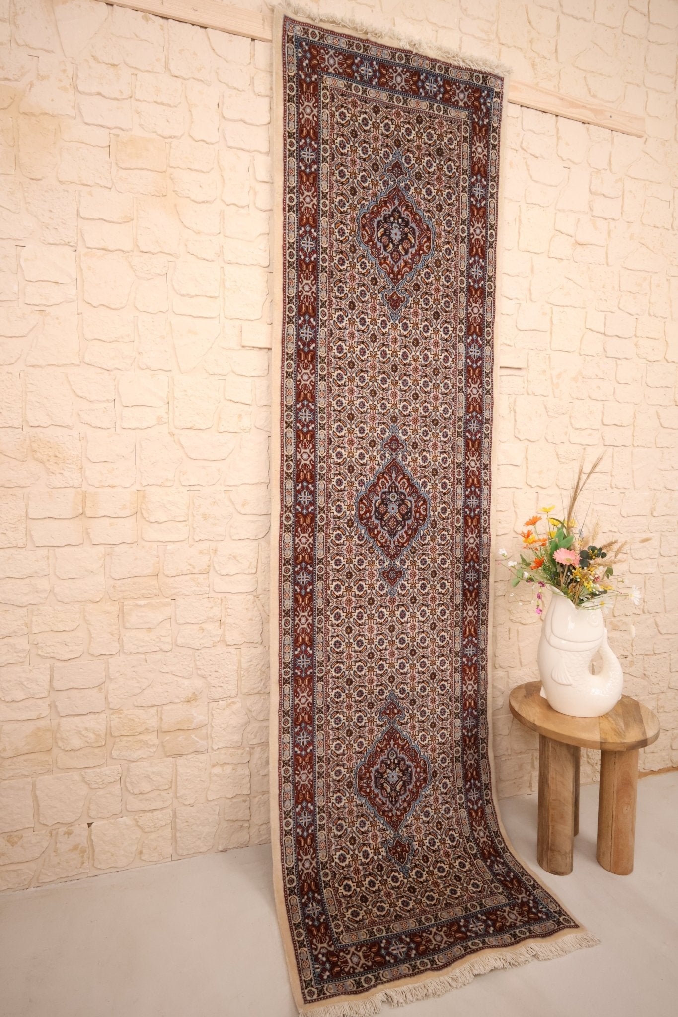 Tapis d'orient Moud en laine noué main, 292 x 80 cm, couloir, motifs floraux fins — Baba Rug latérale