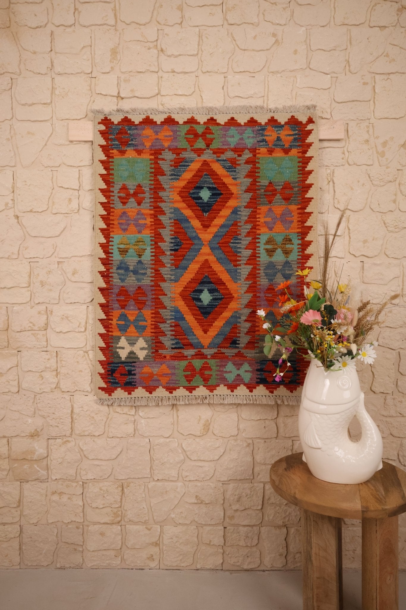 Kilim Afghan 102x82 cm Fait Main Laine - Baba Rug