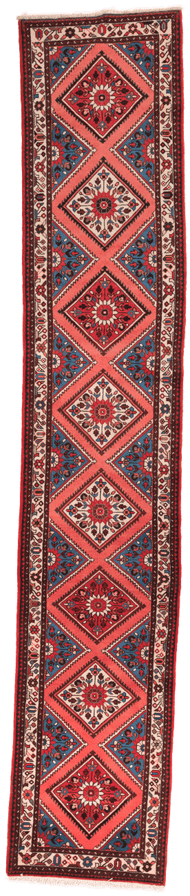 Tapis de couloir Teffriche persan fait main en laine – vue de face, 392 × 73 cm – Baba Rug, Paris
