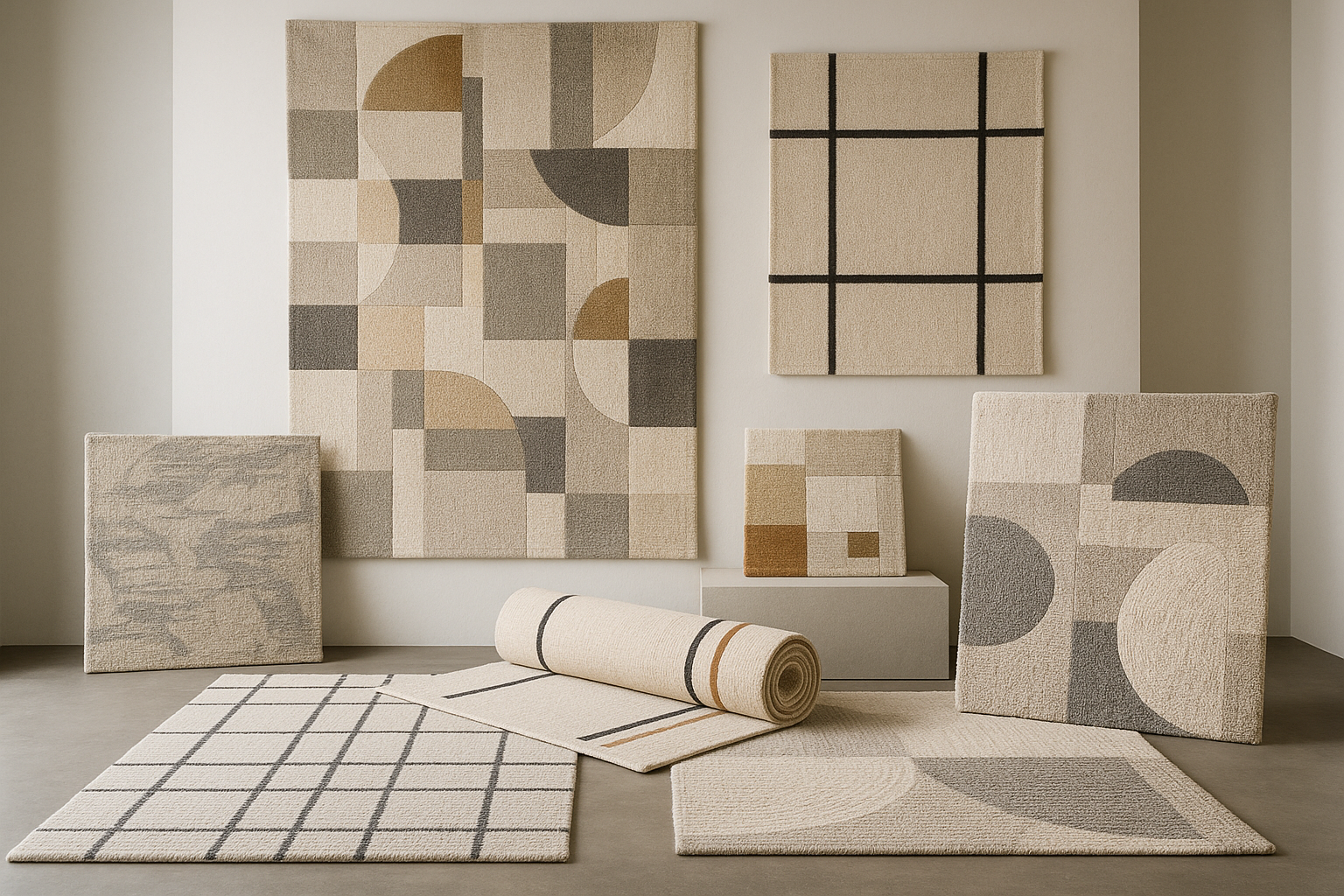 Je souhaiterais une image permettant de réprésenter une gamme de tapis fait main ou mécanique contemporain et moderne. Mettant en avant la modernité avec le fait main. Nous sommes sur une gamme de tapis déco