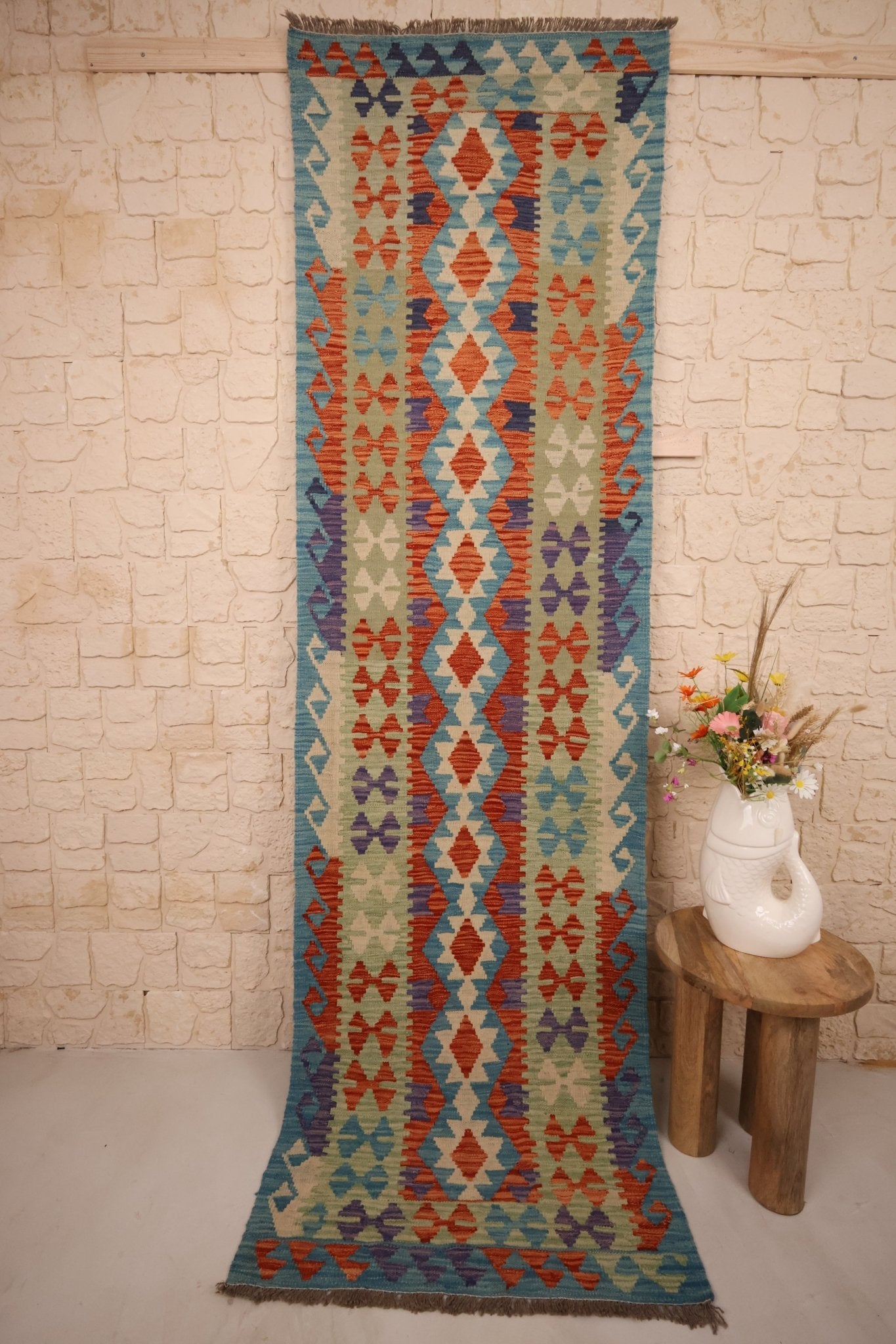 Kilim Afghan fait main en laine, 304 x 87 cm, motifs géométriques traditionnels, couloir — Baba Rug