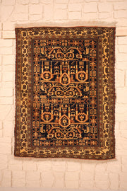 Tapis Baloutch bleu et orange 139 × 92 cm, vue d'ensemble avec franges claires