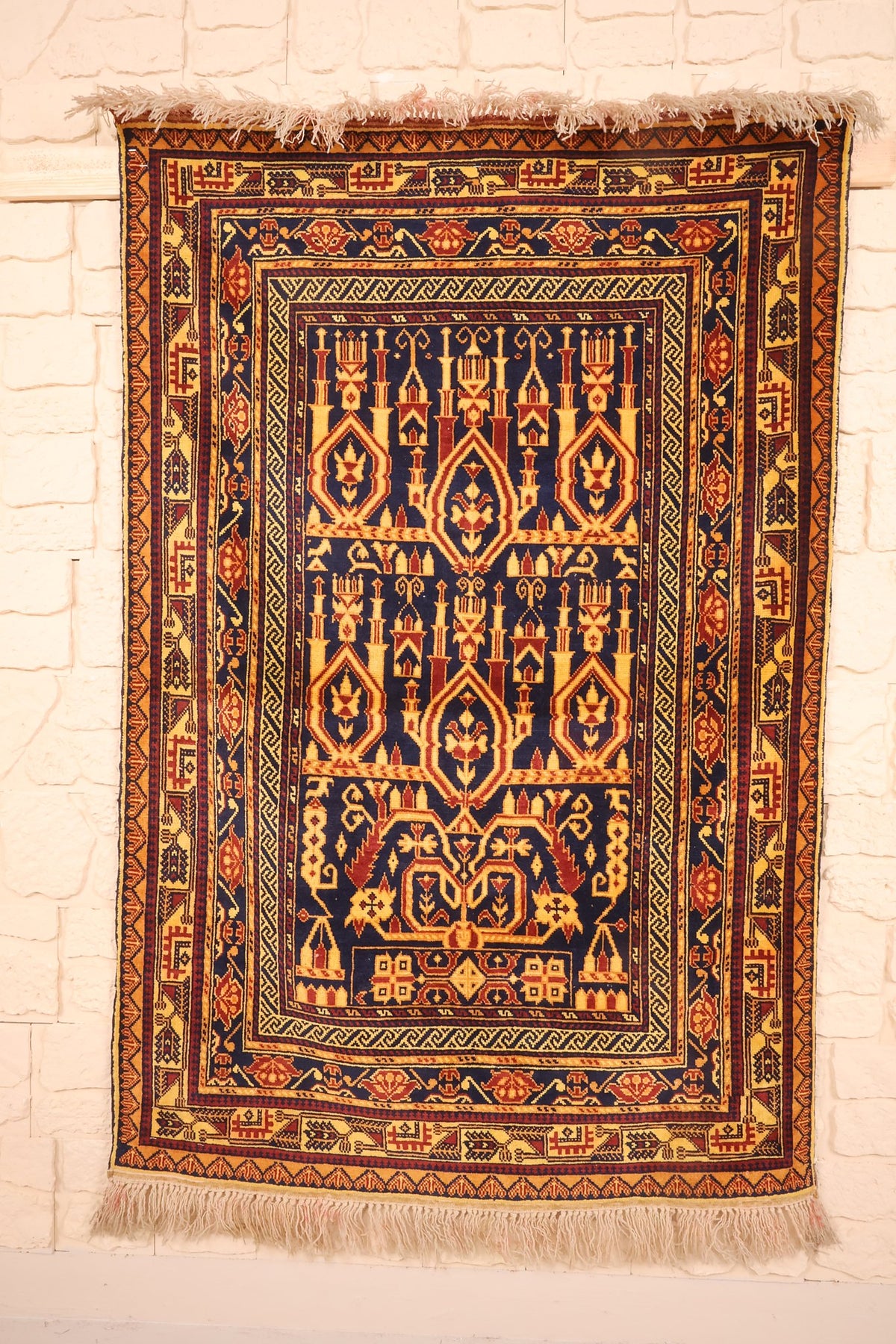 Tapis Baloutch bleu nuit 145 × 100 cm, vue d'ensemble avec franges écrues