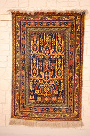 Tapis Baloutch bleu nuit 145 × 100 cm, vue d'ensemble avec franges écrues