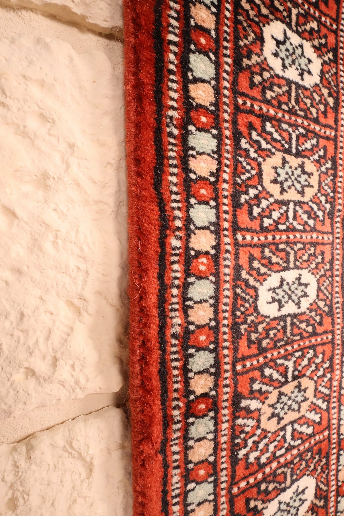 Lisière rouge du tapis Boukhara le long des contre-bordures gris-vert et beige