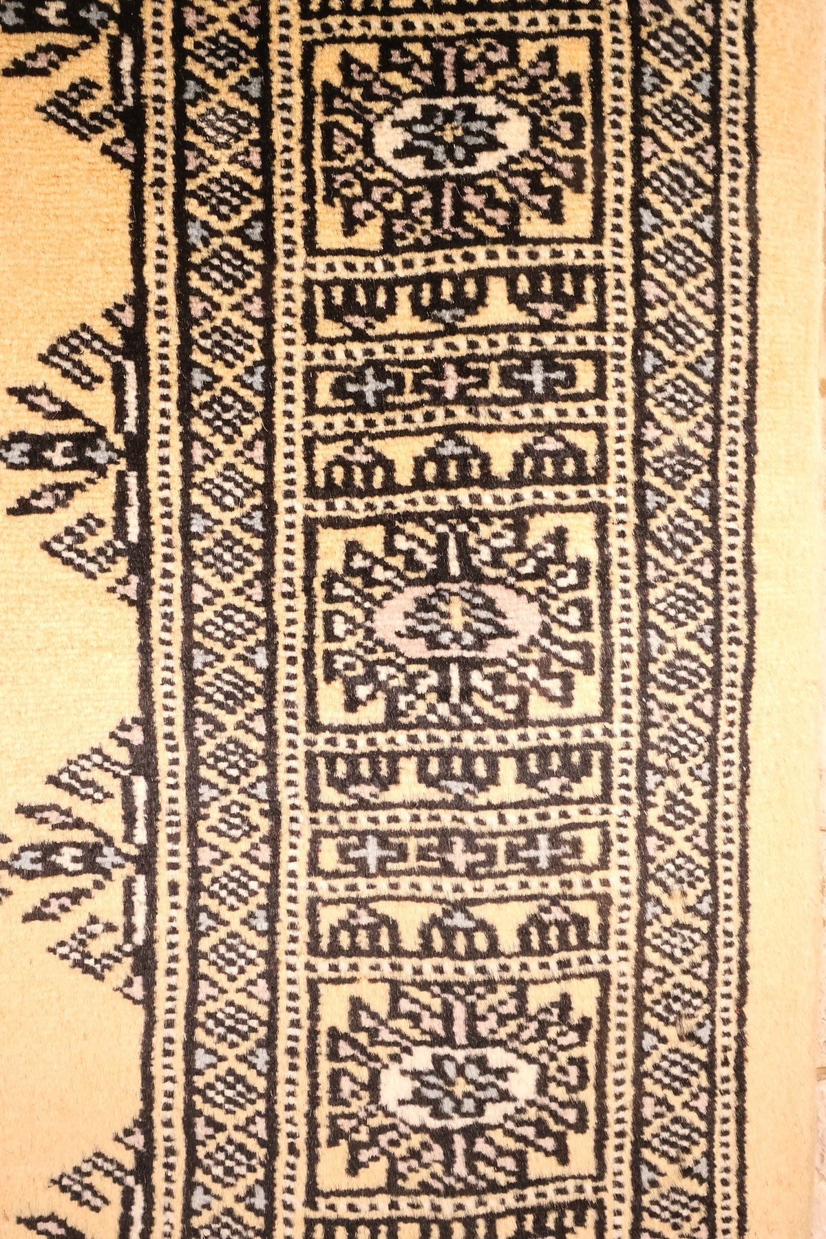 Bordure à cartouches floraux et galons à dents de scie du tapis Boukhara beige
