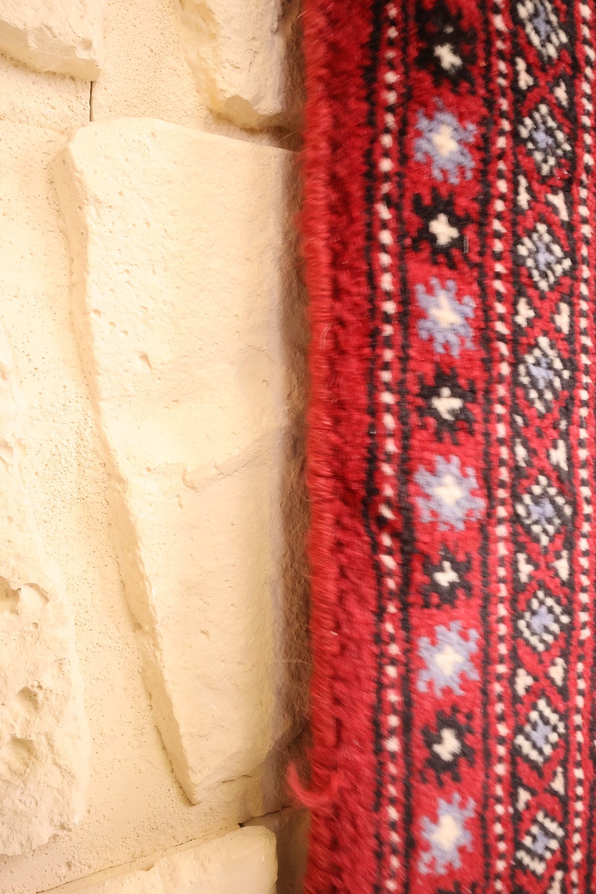 Lisière du tapis Boukhara rouge, petits motifs blancs et gris-bleu en bordure