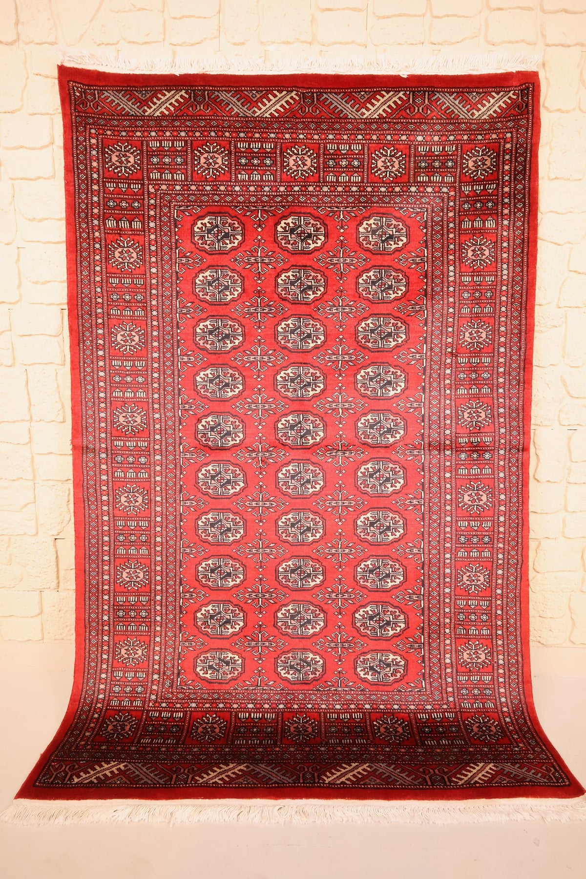 Tapis Boukhara rouge 191 × 126 cm, vue d'ensemble des guls alignés et des franges blanches